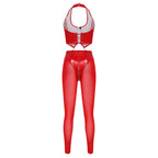 Y2K Glossy PU Leather Pants Set - Lace-Up Top & Sheer Mesh Leggings