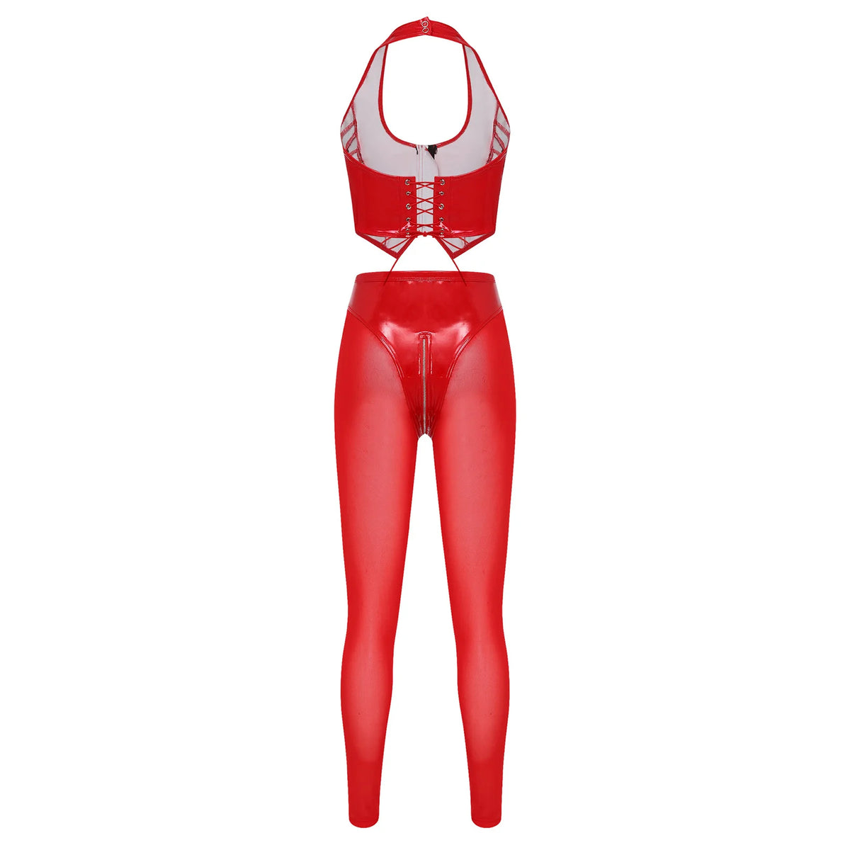 Y2K Glossy PU Leather Pants Set - Lace-Up Top & Sheer Mesh Leggings
