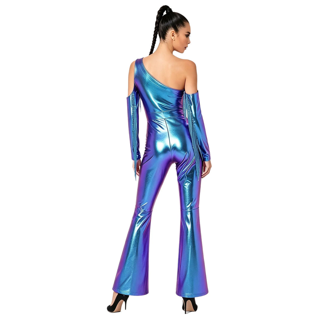 Women's Metallic Sequin Fringe Flare Jumpsuit - One-Shoulder Retro Disco