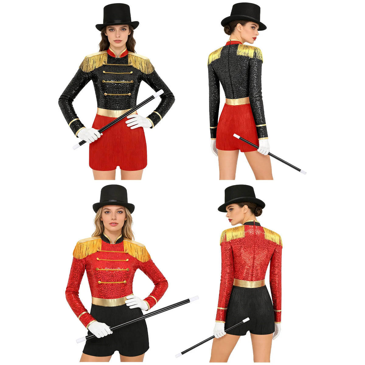 Circus Ringmaster Majorette Costume Set - Sequined Bodysuit with Hat & Wand