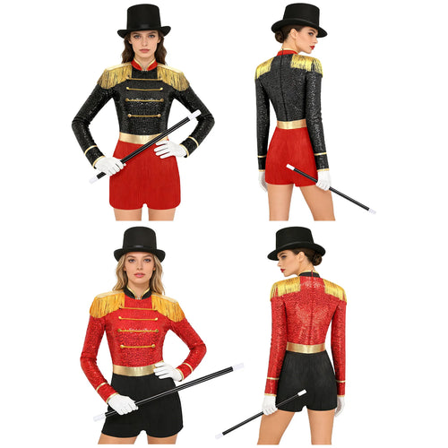 Circus Ringmaster Majorette Costume Set - Sequined Bodysuit with Hat & Wand