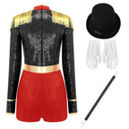 Circus Ringmaster Majorette Costume Set - Sequined Bodysuit with Hat & Wand