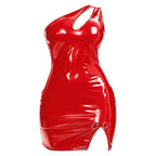 Women's One-Shoulder Cutout Glossy PU Leather Mini Dress | Split Hem Clubwear