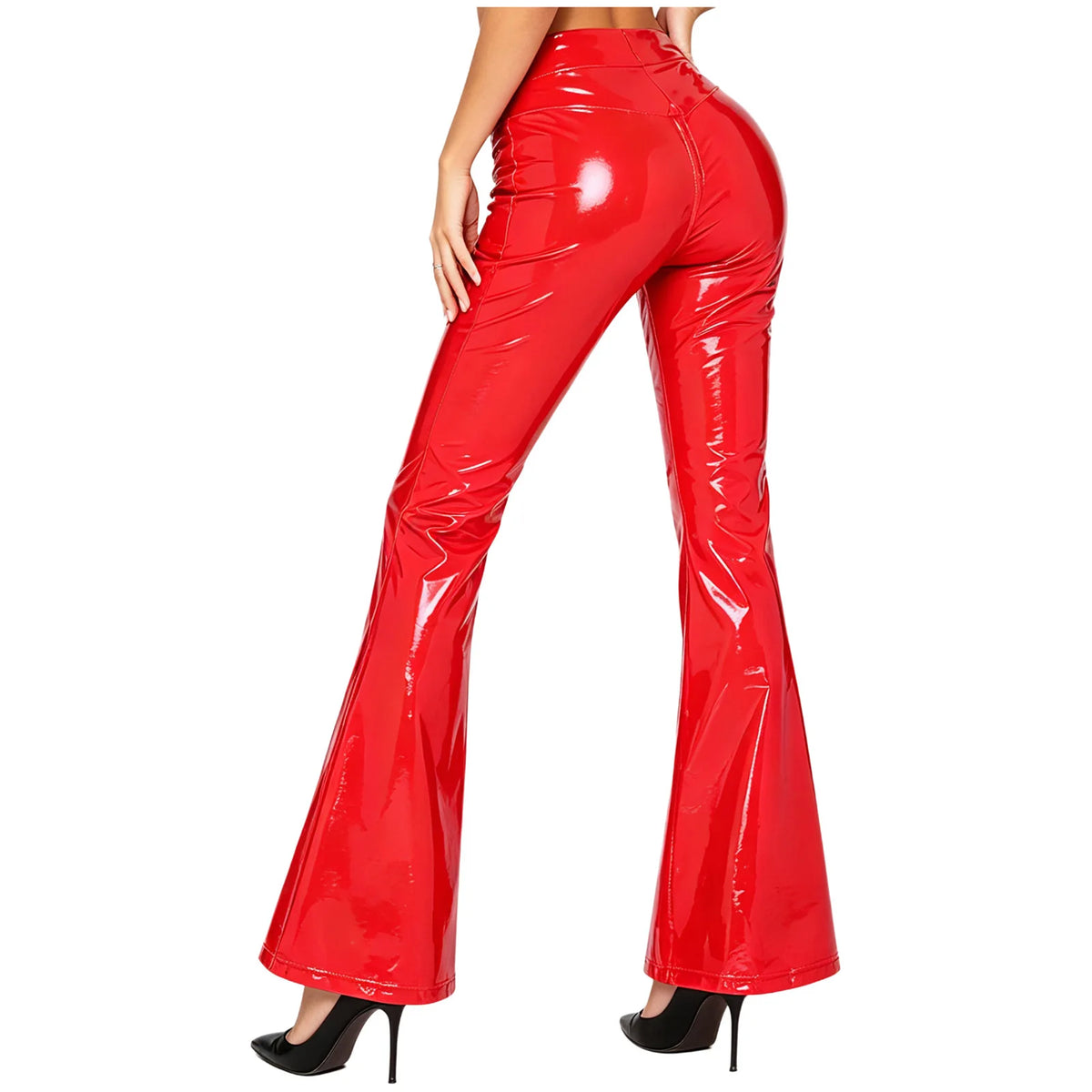 Women's Glossy PU Flare Bell-Bottom Pants - V-Waist Rave Clubwear