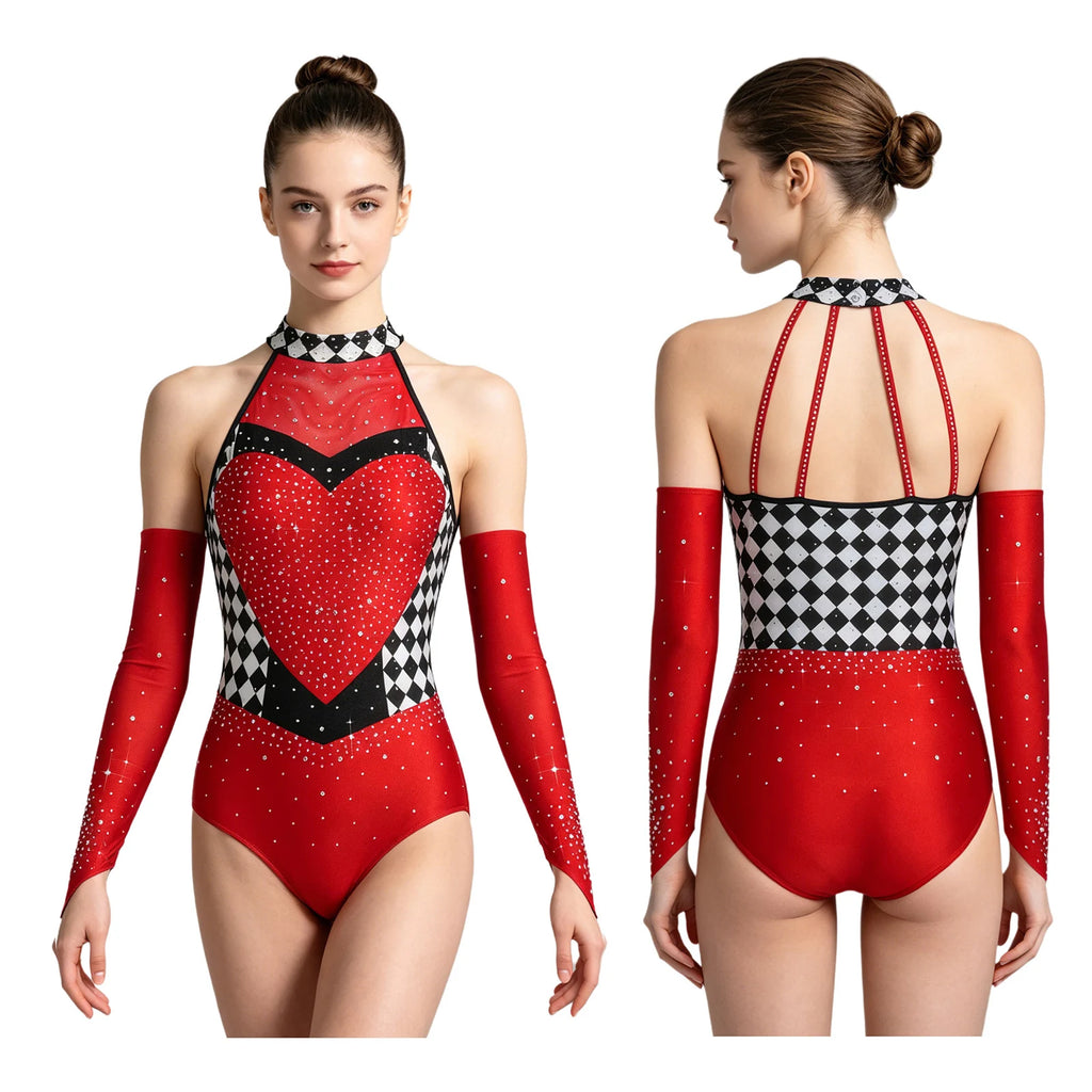Women's Queen Clown Circus Halter Leotard with Detachable Sleeves