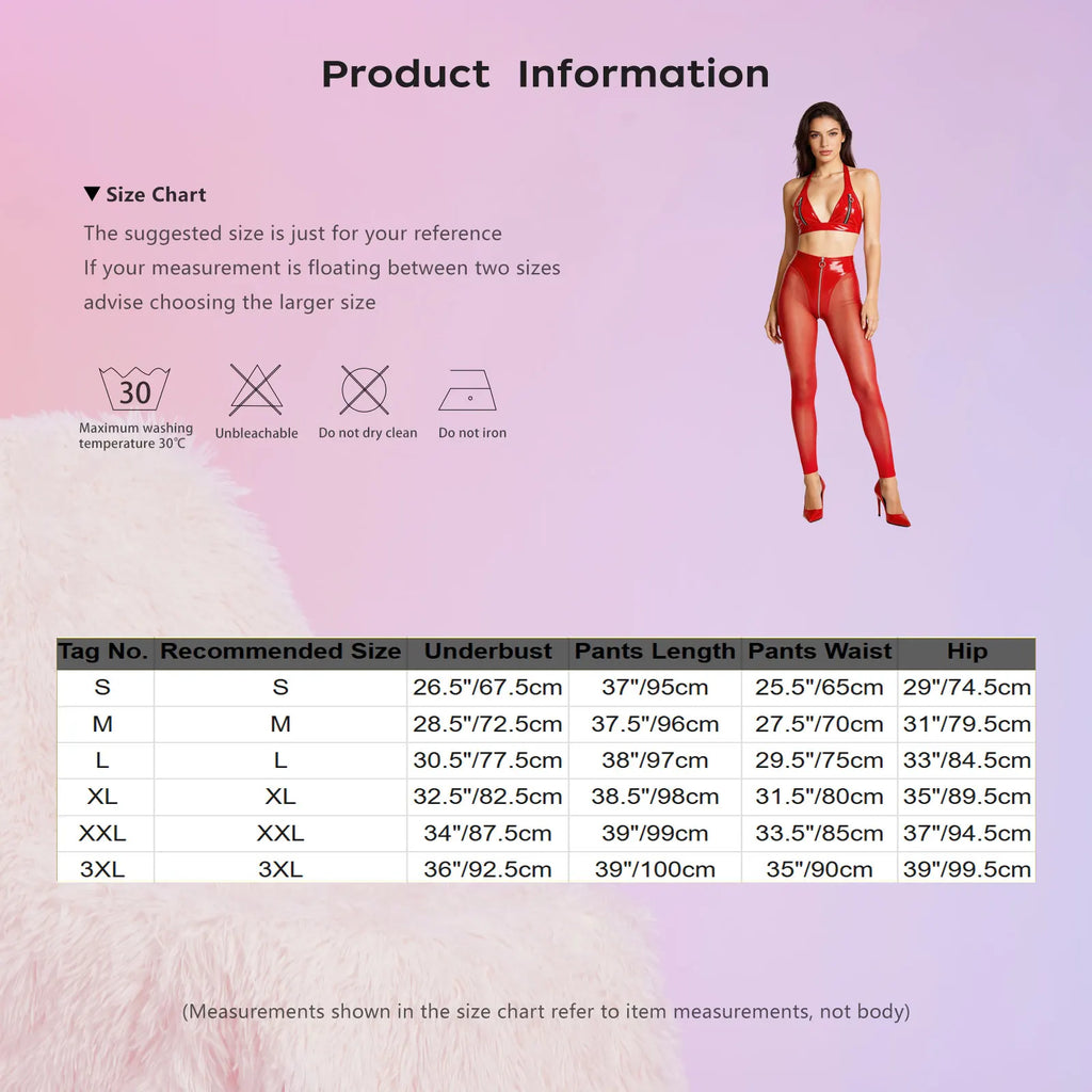 Y2K Glossy PU Leather Pants Set - Lace-Up Top & Sheer Mesh Leggings
