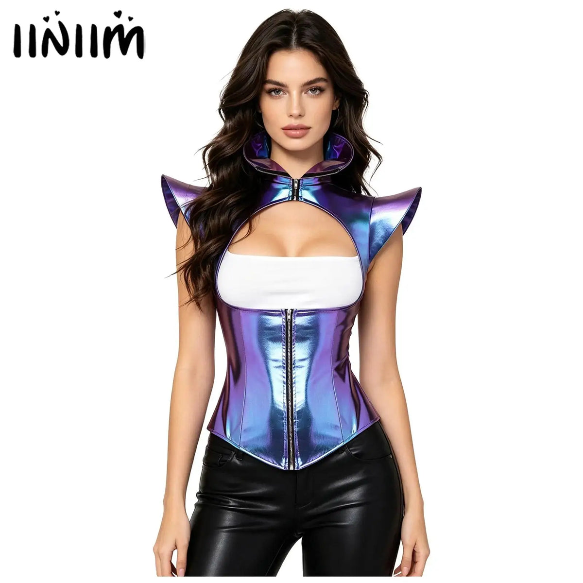 Futuristic Metallic Armor Corset Top - Zip-Front Cutout Bustier