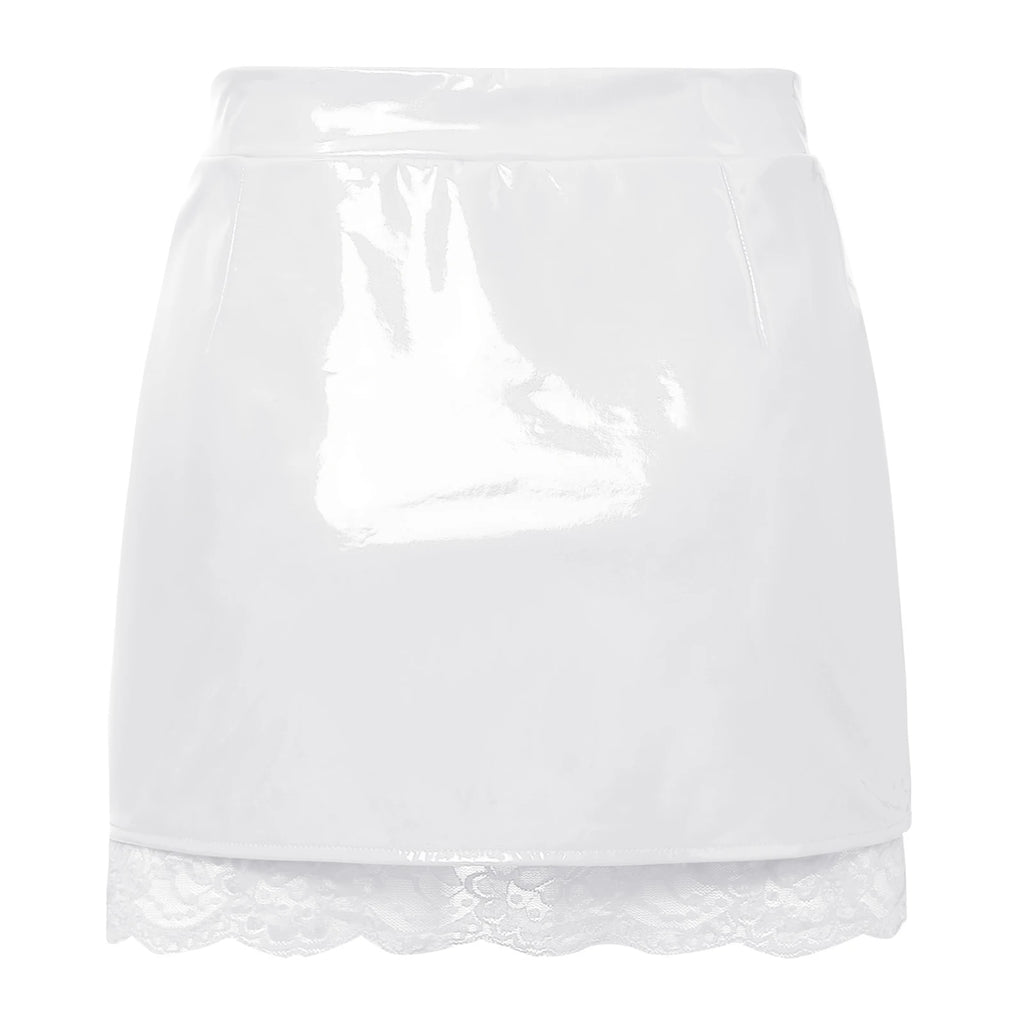Glossy PU Leather High-Waist Miniskirt - Split Hem Floral Lace Skirt