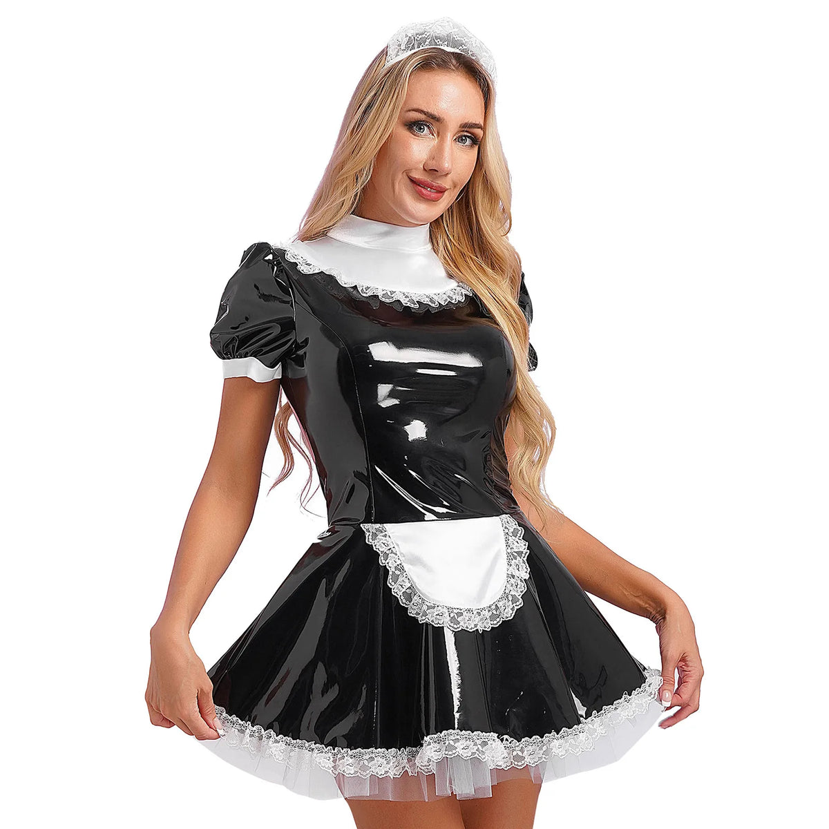 Cute Patent Leather French Maid Costume - Wet-Look Lace Roleplay Dress