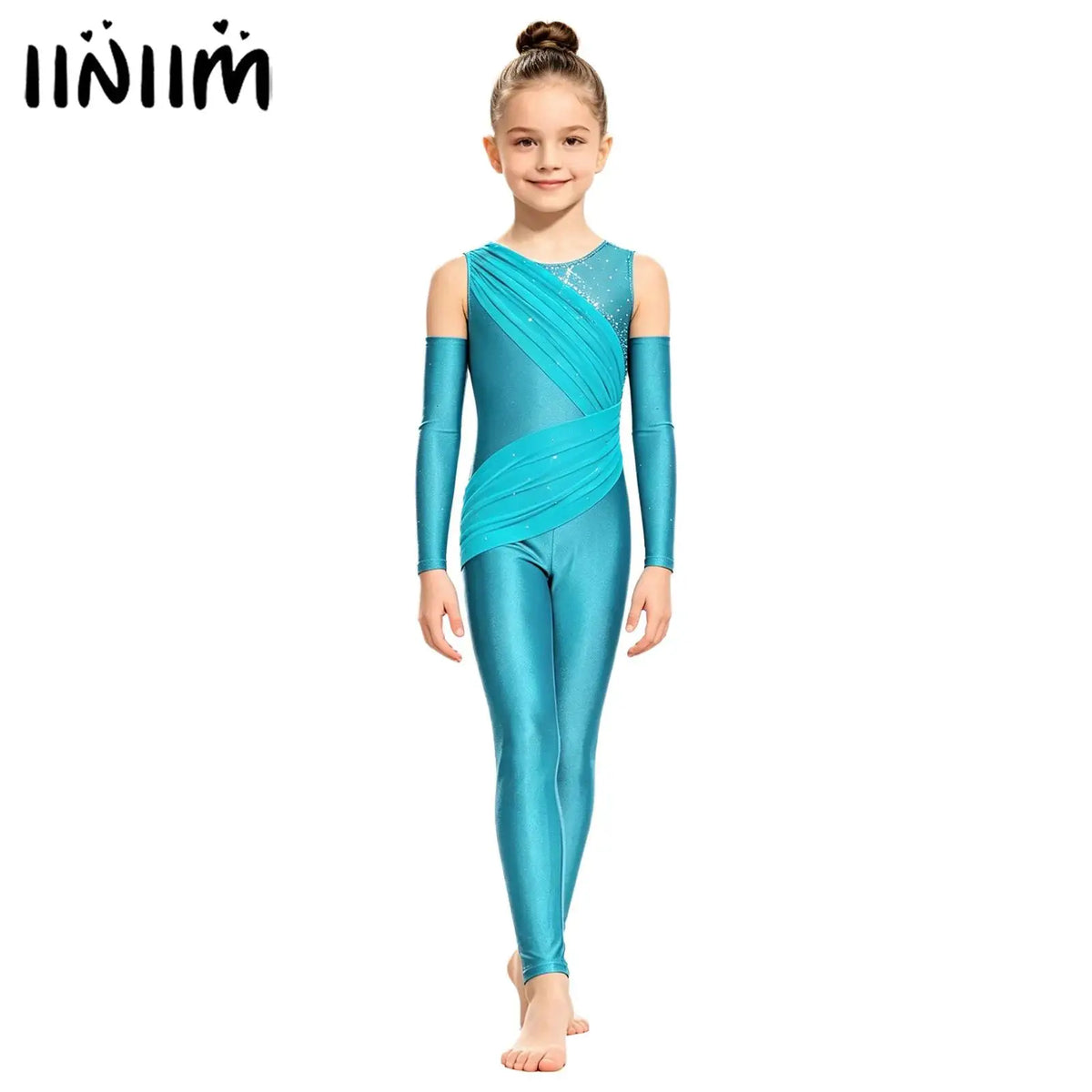 Girls' Sparkle Rhinestone Gymnastics Unitard - Ruched Mesh Jumpsuit
