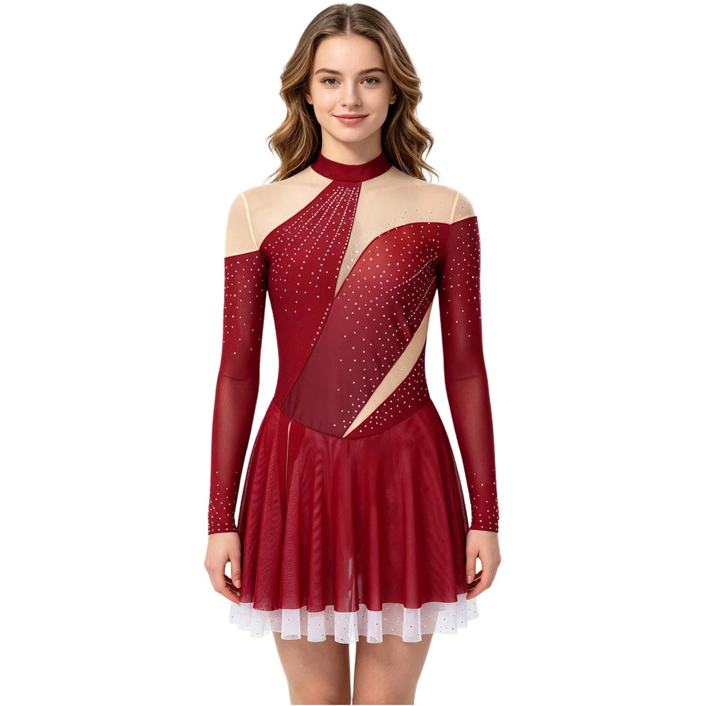 Women's Rhinestone Figure Skating Dress - Ruffled Lyrical Costume
