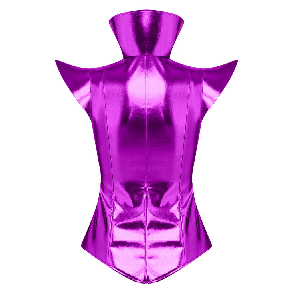 Futuristic Metallic Armor Corset Top - Zip-Front Cutout Bustier