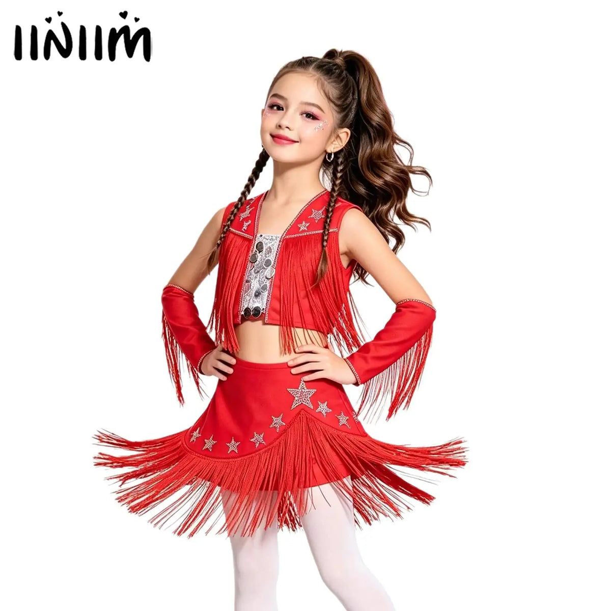 Girls Cowgirl Fringe Dance Costume - Sequined Tops & Skirt Set