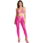 Y2K Glossy PU Leather Pants Set - Lace-Up Top & Sheer Mesh Leggings