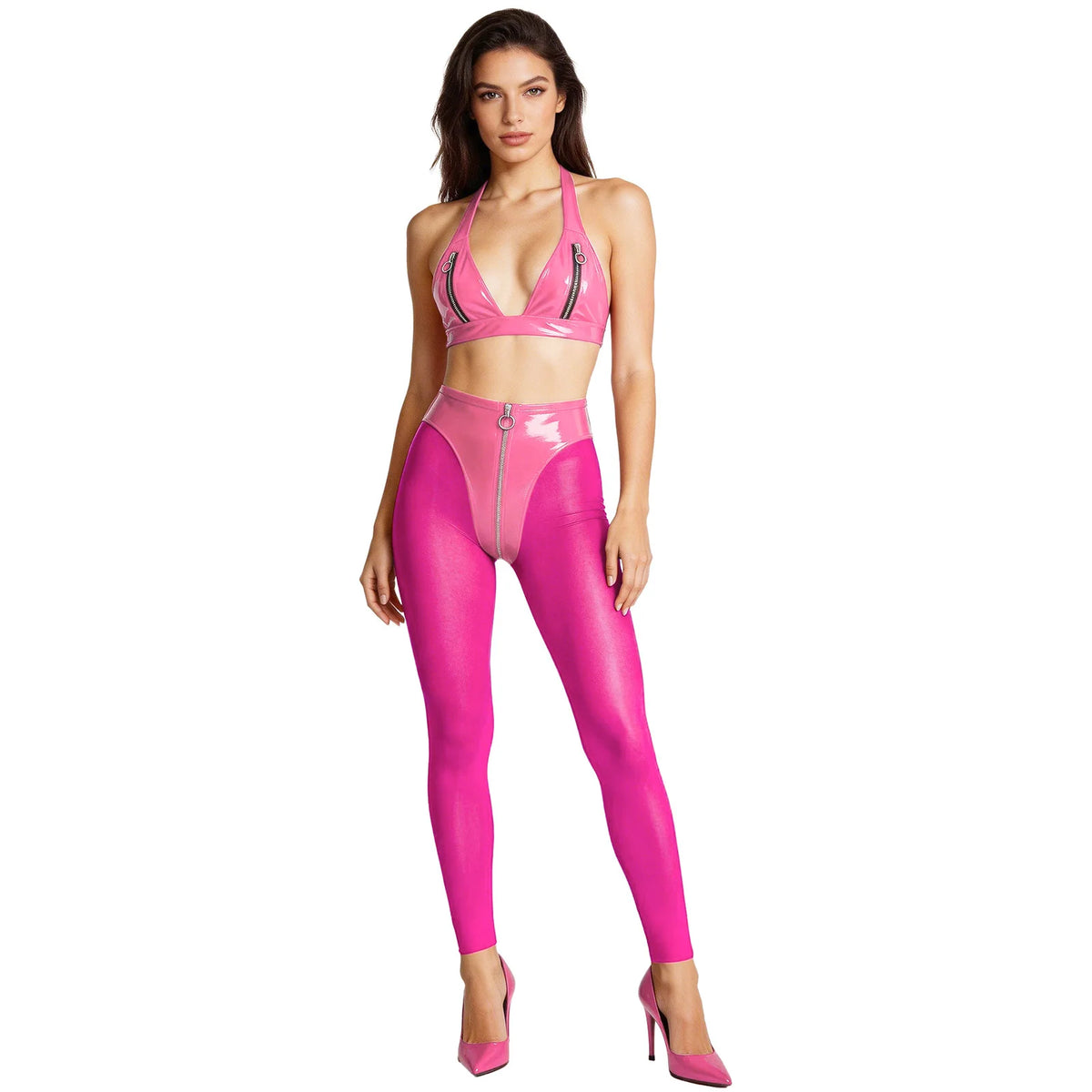 Y2K Glossy PU Leather Pants Set - Lace-Up Top & Sheer Mesh Leggings