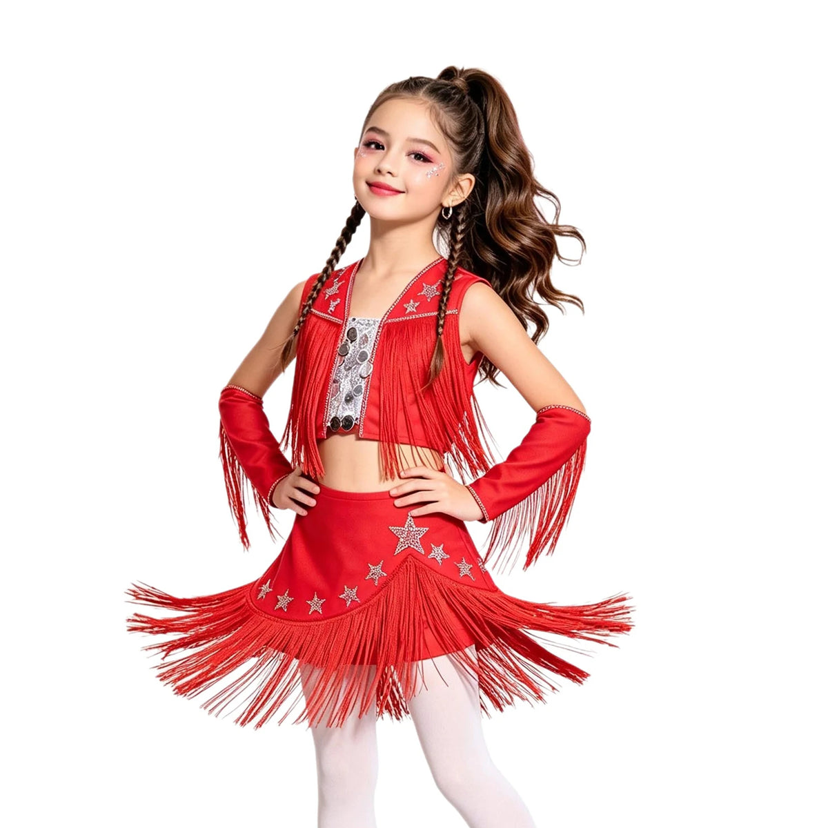Girls Cowgirl Fringe Dance Costume - Sequined Tops & Skirt Set