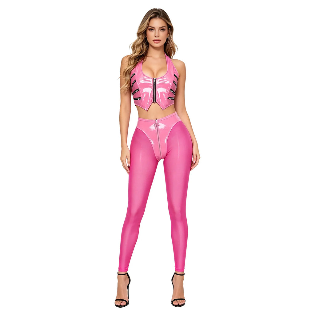 Y2K Glossy PU Leather Pants Set - Lace-Up Top & Sheer Mesh Leggings