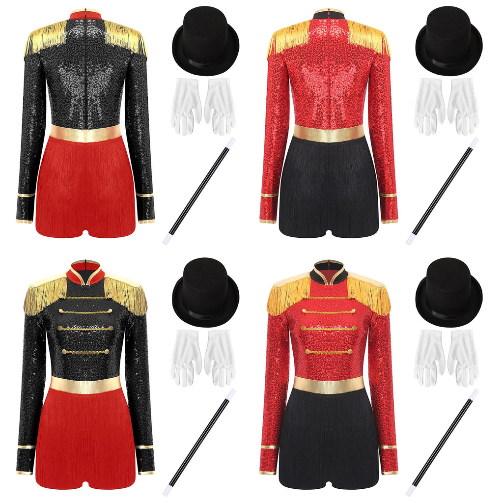 Circus Ringmaster Majorette Costume Set - Sequined Bodysuit with Hat & Wand