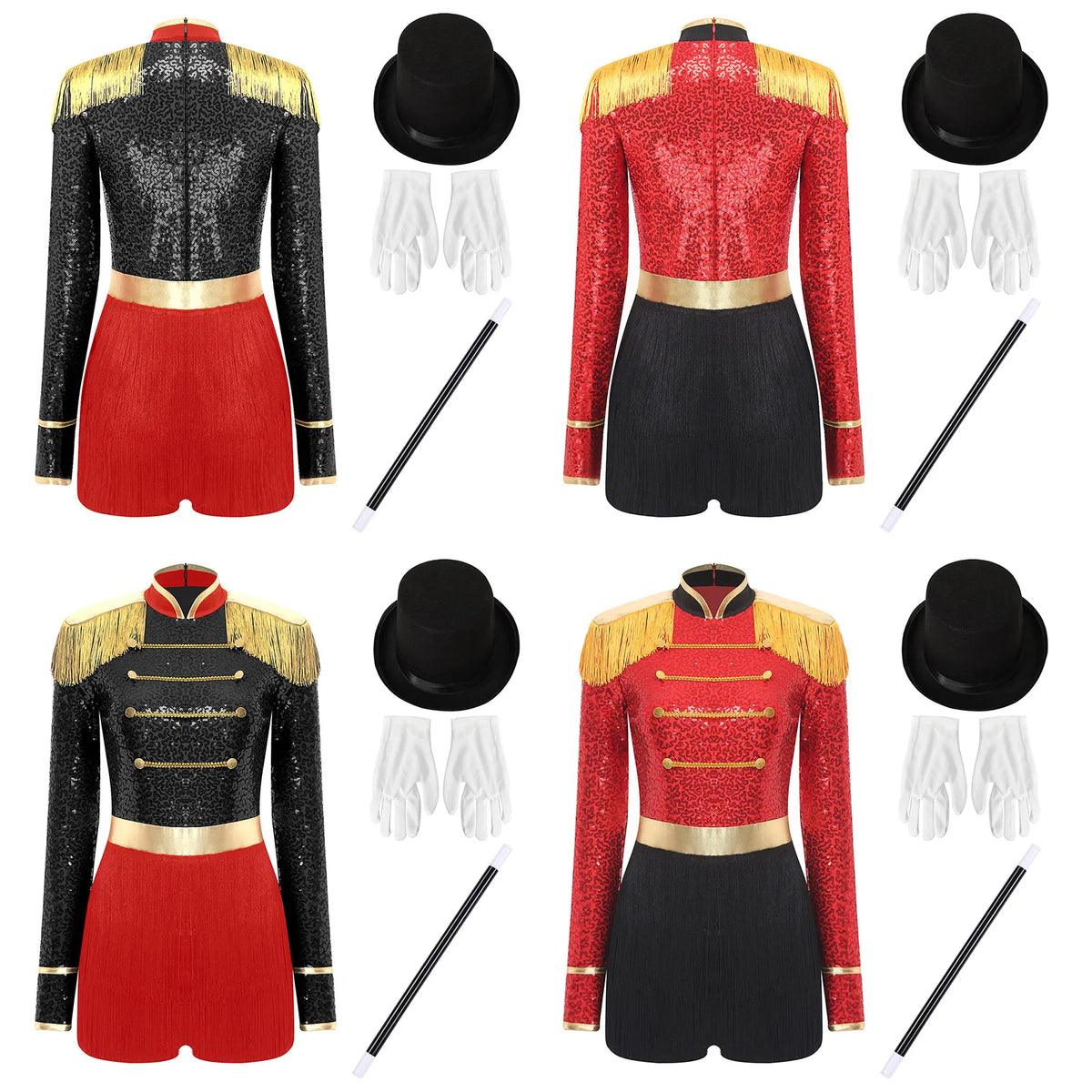 Circus Ringmaster Majorette Costume Set - Sequined Bodysuit with Hat & Wand