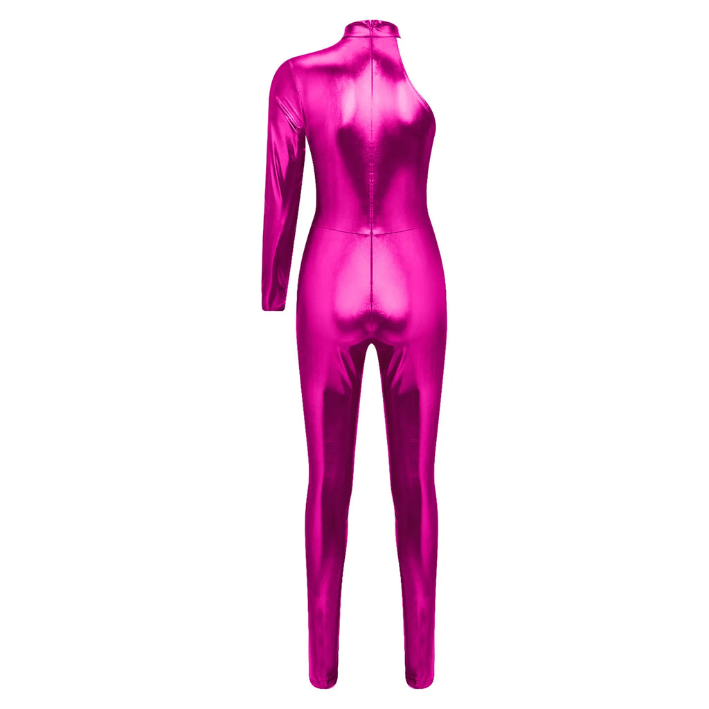 Women's Holographic Mesh Asymmetric Jumpsuit - One-Sleeve Catsuit