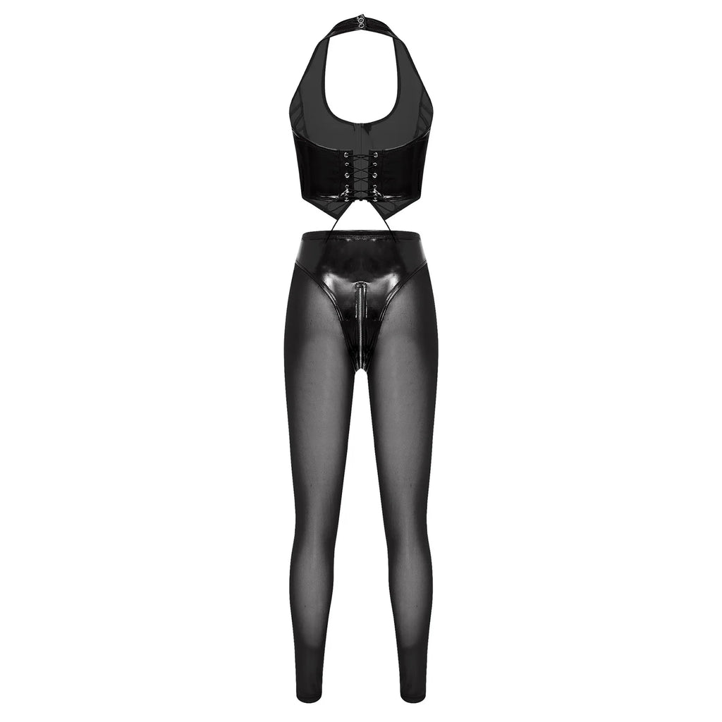 Y2K Glossy PU Leather Pants Set - Lace-Up Top & Sheer Mesh Leggings