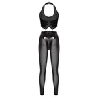 Y2K Glossy PU Leather Pants Set - Lace-Up Top & Sheer Mesh Leggings