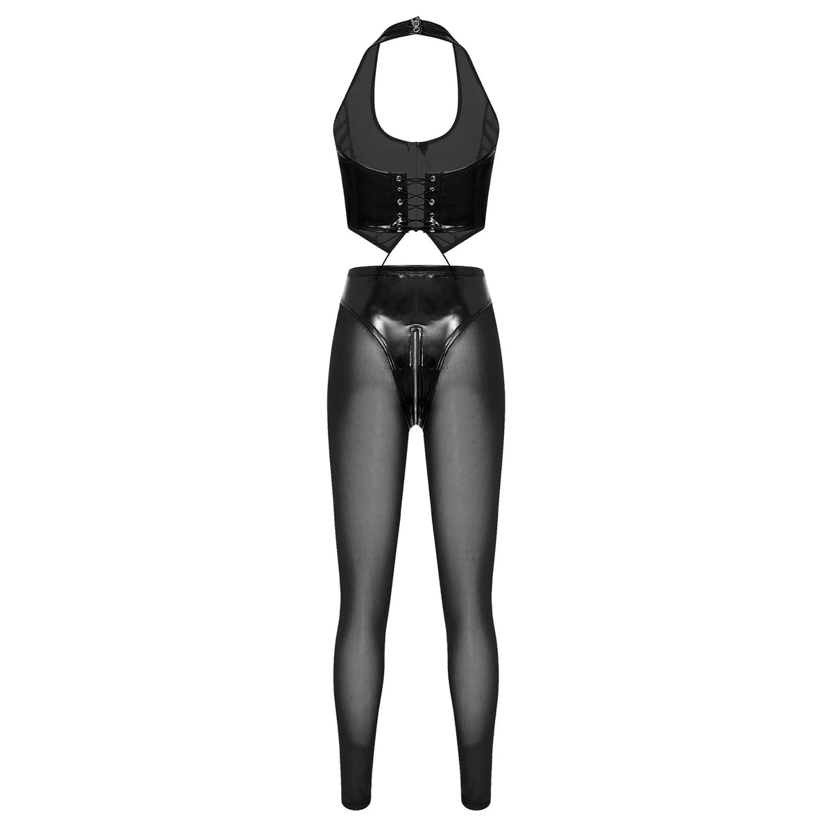 Y2K Glossy PU Leather Pants Set - Lace-Up Top & Sheer Mesh Leggings
