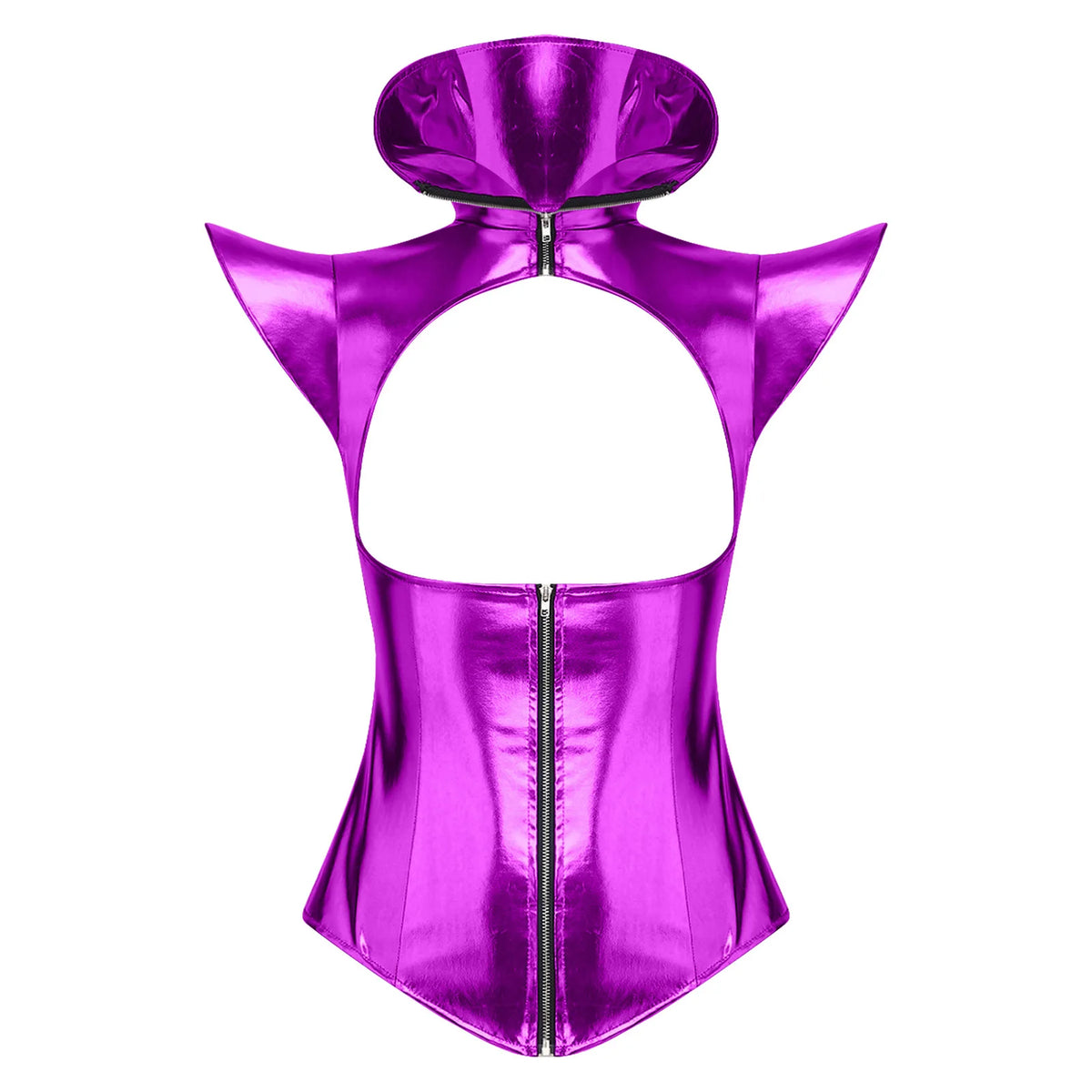Futuristic Metallic Armor Corset Top - Zip-Front Cutout Bustier