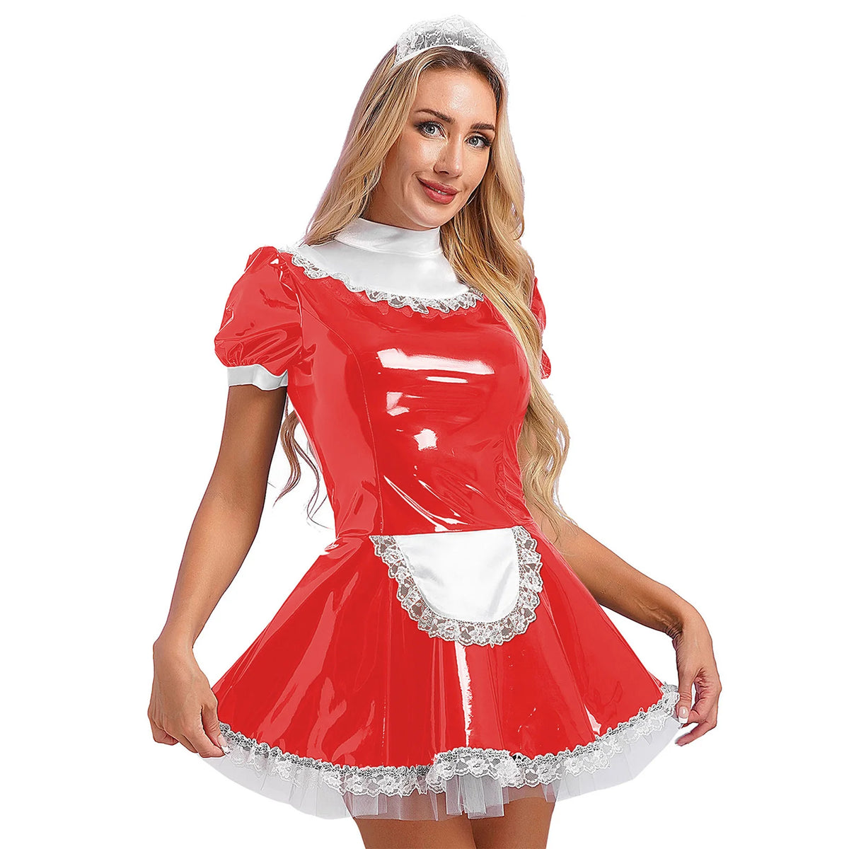 Cute Patent Leather French Maid Costume - Wet-Look Lace Roleplay Dress