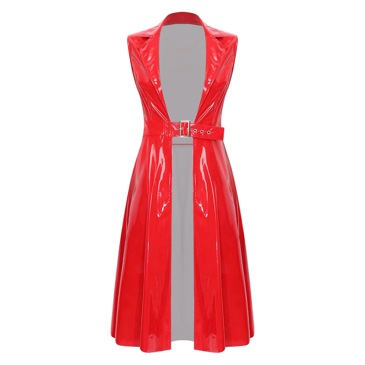 Glossy PU Leather Trench Coat with Belt - Open-Front Overcoat