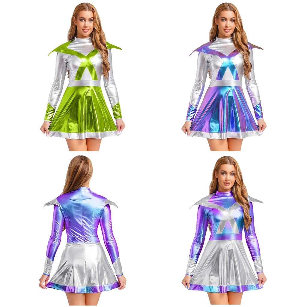 Women's Metallic Shiny Alien Astronaut Costume - Robot Dress