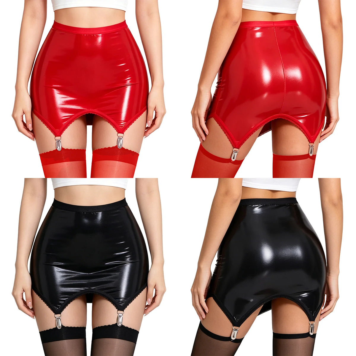 Glossy PU High-Waist Garter Skirt - Wet-Look Latex Bodycon Miniskirt