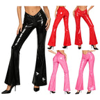 Women's Glossy PU Flare Bell-Bottom Pants - V-Waist Rave Clubwear