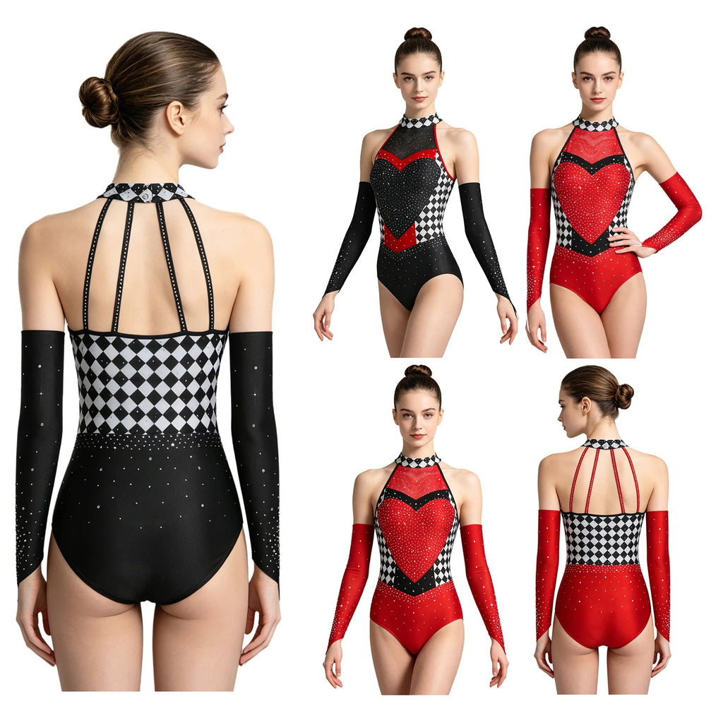 Women's Queen Clown Circus Halter Leotard with Detachable Sleeves