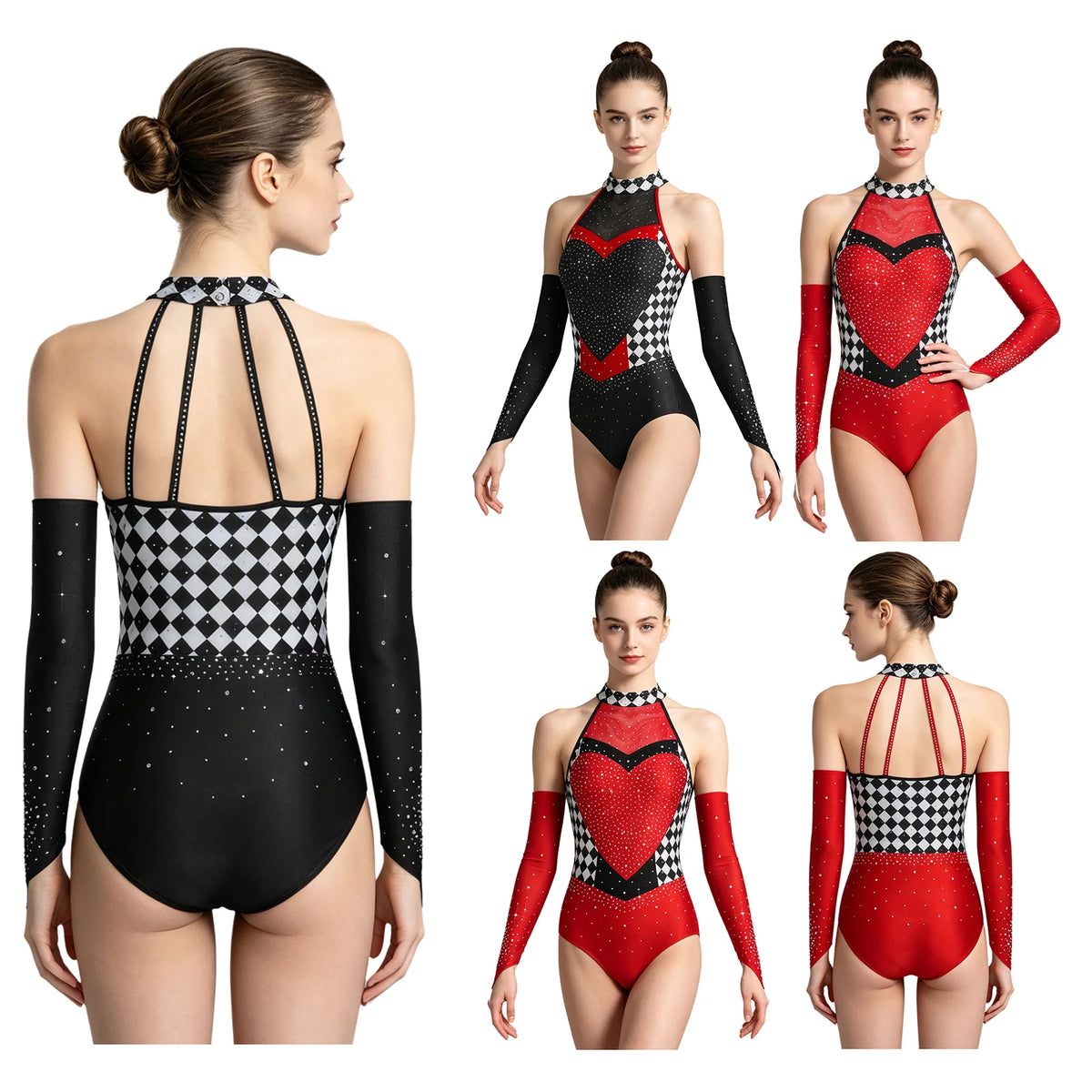 Women's Queen Clown Circus Halter Leotard with Detachable Sleeves