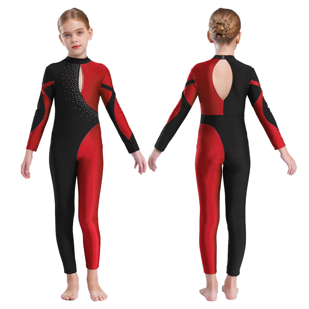 Girls Rhinestone Figure Skating Jumpsuit - Backless Gymnastic Leotard
