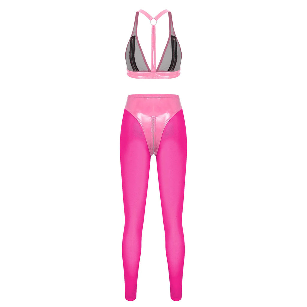 Y2K Glossy PU Leather Pants Set - Lace-Up Top & Sheer Mesh Leggings