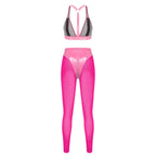 Y2K Glossy PU Leather Pants Set - Lace-Up Top & Sheer Mesh Leggings