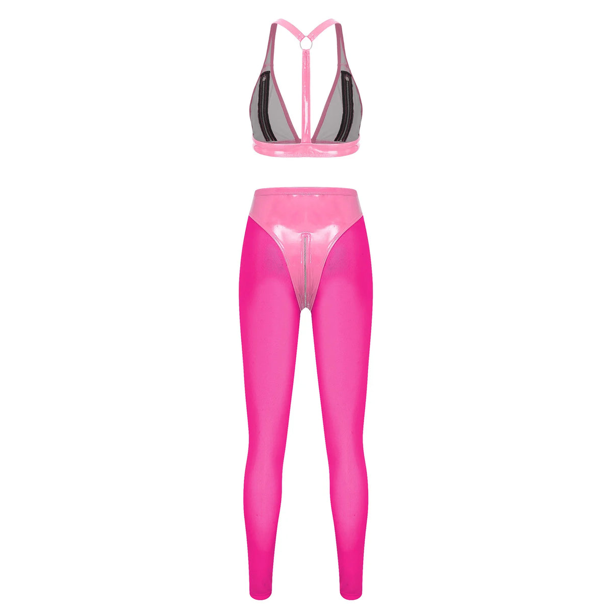 Y2K Glossy PU Leather Pants Set - Lace-Up Top & Sheer Mesh Leggings