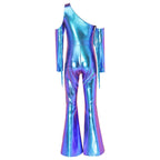 Women's Metallic Sequin Fringe Flare Jumpsuit - One-Shoulder Retro Disco