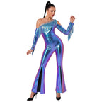 Women's Metallic Sequin Fringe Flare Jumpsuit - One-Shoulder Retro Disco