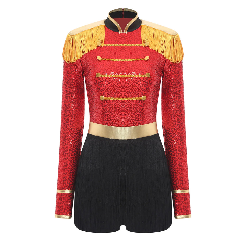 Circus Ringmaster Majorette Costume Set - Sequined Bodysuit with Hat & Wand