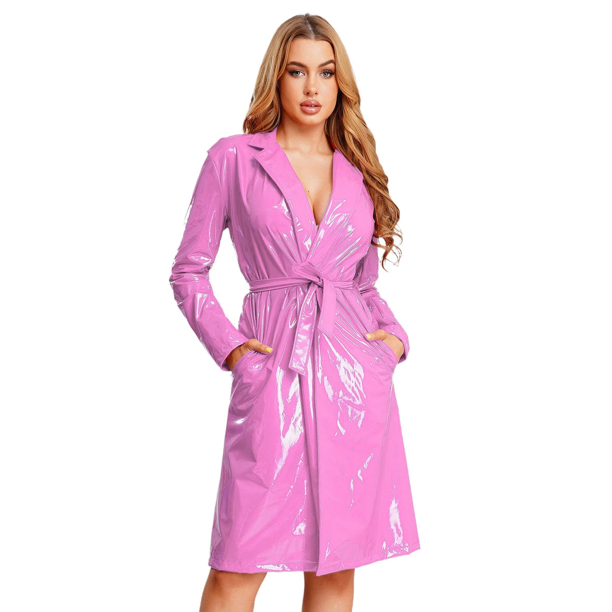 Glossy PU Leather Trench Coat with Belt - Open-Front Overcoat