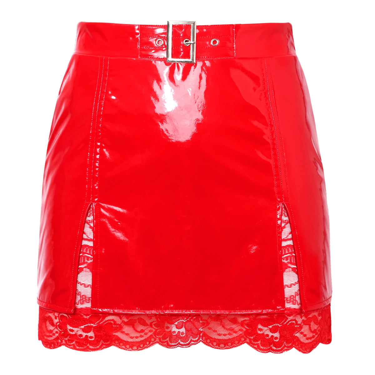 Glossy PU Leather High-Waist Miniskirt - Split Hem Floral Lace Skirt