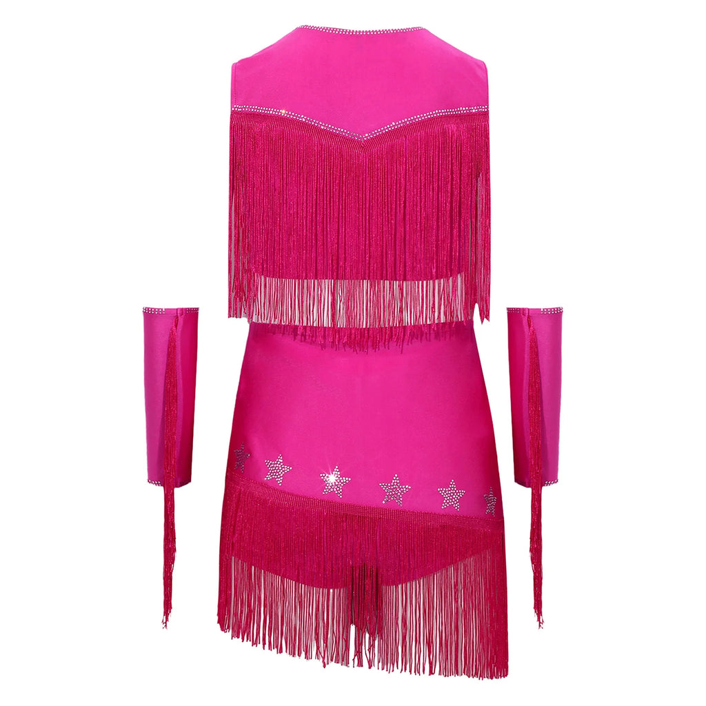 Girls Cowgirl Fringe Dance Costume - Sequined Tops & Skirt Set