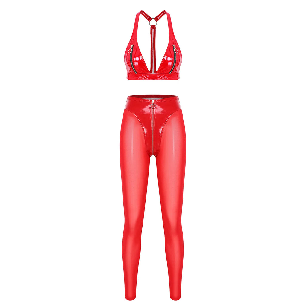 Y2K Glossy PU Leather Pants Set - Lace-Up Top & Sheer Mesh Leggings