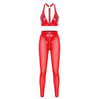 Y2K Glossy PU Leather Pants Set - Lace-Up Top & Sheer Mesh Leggings