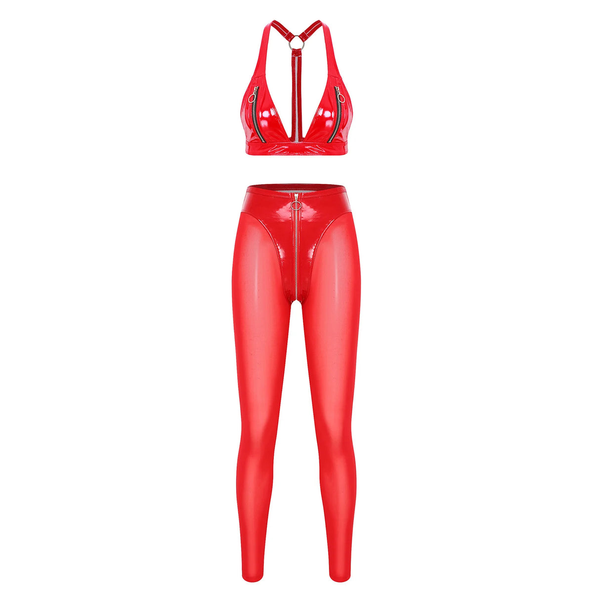 Y2K Glossy PU Leather Pants Set - Lace-Up Top & Sheer Mesh Leggings
