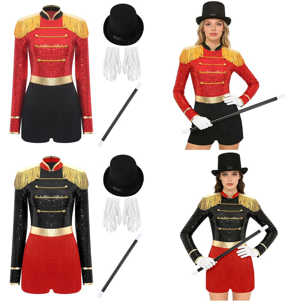Circus Ringmaster Majorette Costume Set - Sequined Bodysuit with Hat & Wand