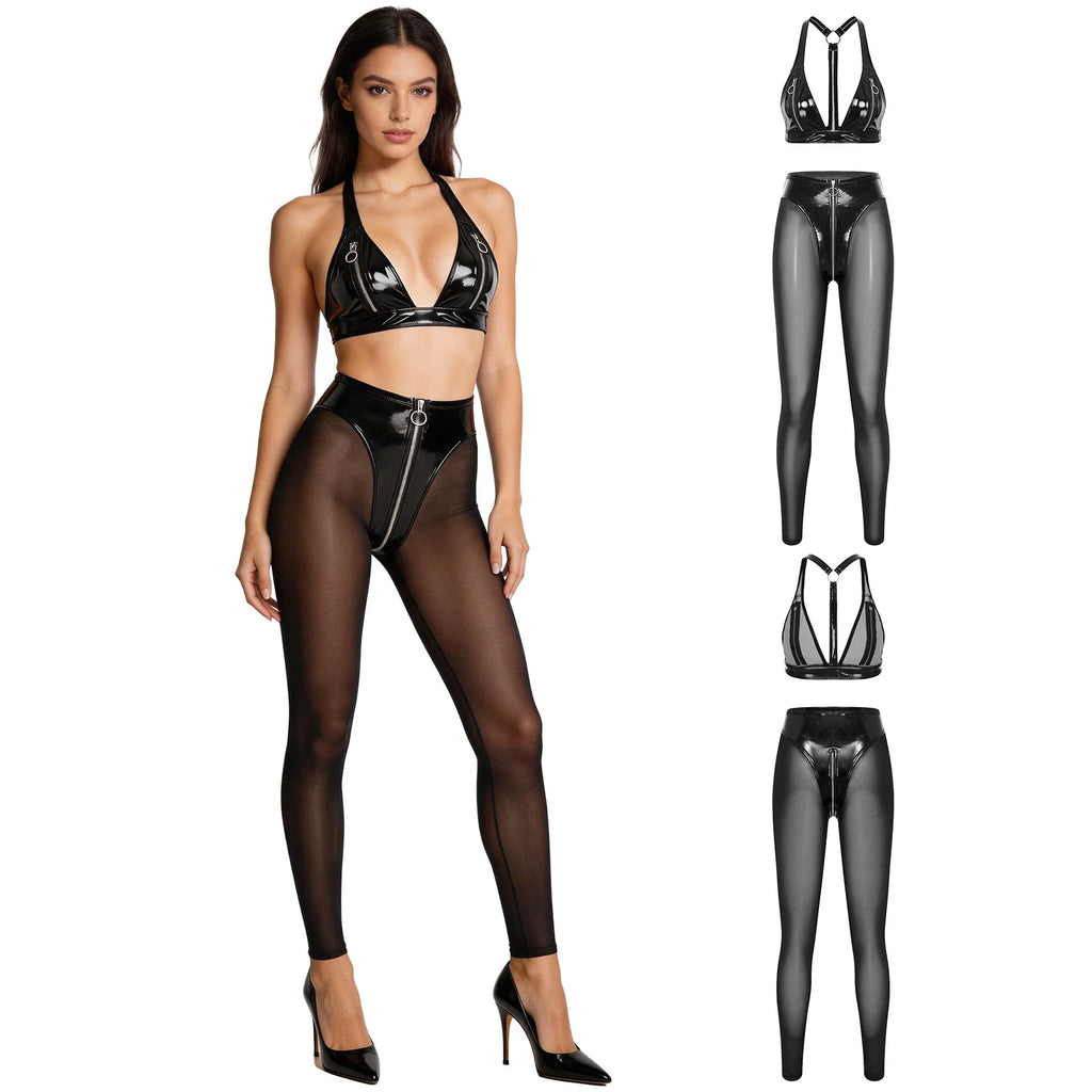 Y2K Glossy PU Leather Pants Set - Lace-Up Top & Sheer Mesh Leggings
